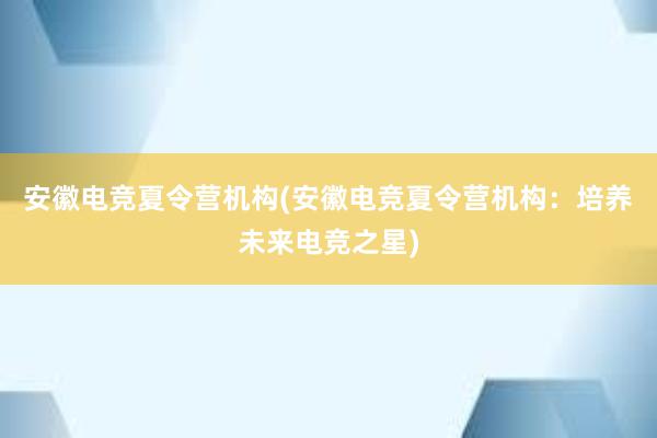 安徽电竞夏令营机构(安徽电竞夏令营机构：培养未来电竞之星)